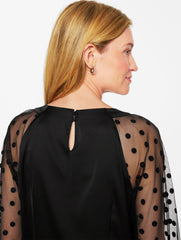 BLACK SOFT SATIN CHARMEUSE MESH SLEEVE TOP – GLITTER DOT | Talbots on sale