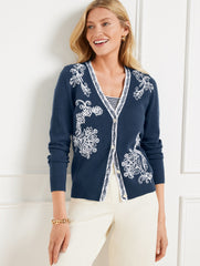MIDNIGHT SKY/IVORY EMBROIDERED V-NECK CARDIGAN | Talbots for sale