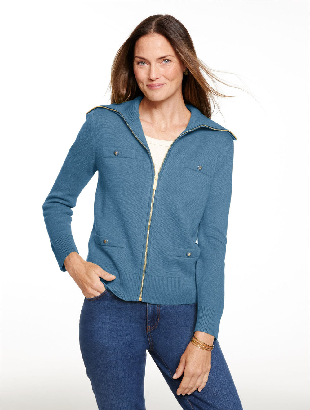 BRIGHT APPLE|GREEN FERN HEATHER|IVORY|MOONLIGHT BLUE|PETUNIA PINK|PINE GROVE|PORT WINE FULL-ZIP CARDIGAN | Talbots US