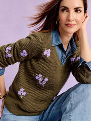 DEEP MOSS HEATHER MULTI V-NECK SWEATER - TEXTURED FLOWER | Talbots US