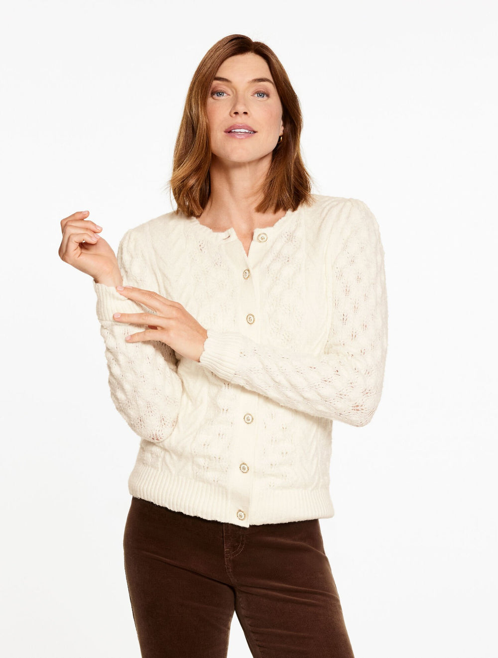 BLACK|IVORY|PORT WINE SCALLOP CREWNECK CARDIGAN | Talbots online