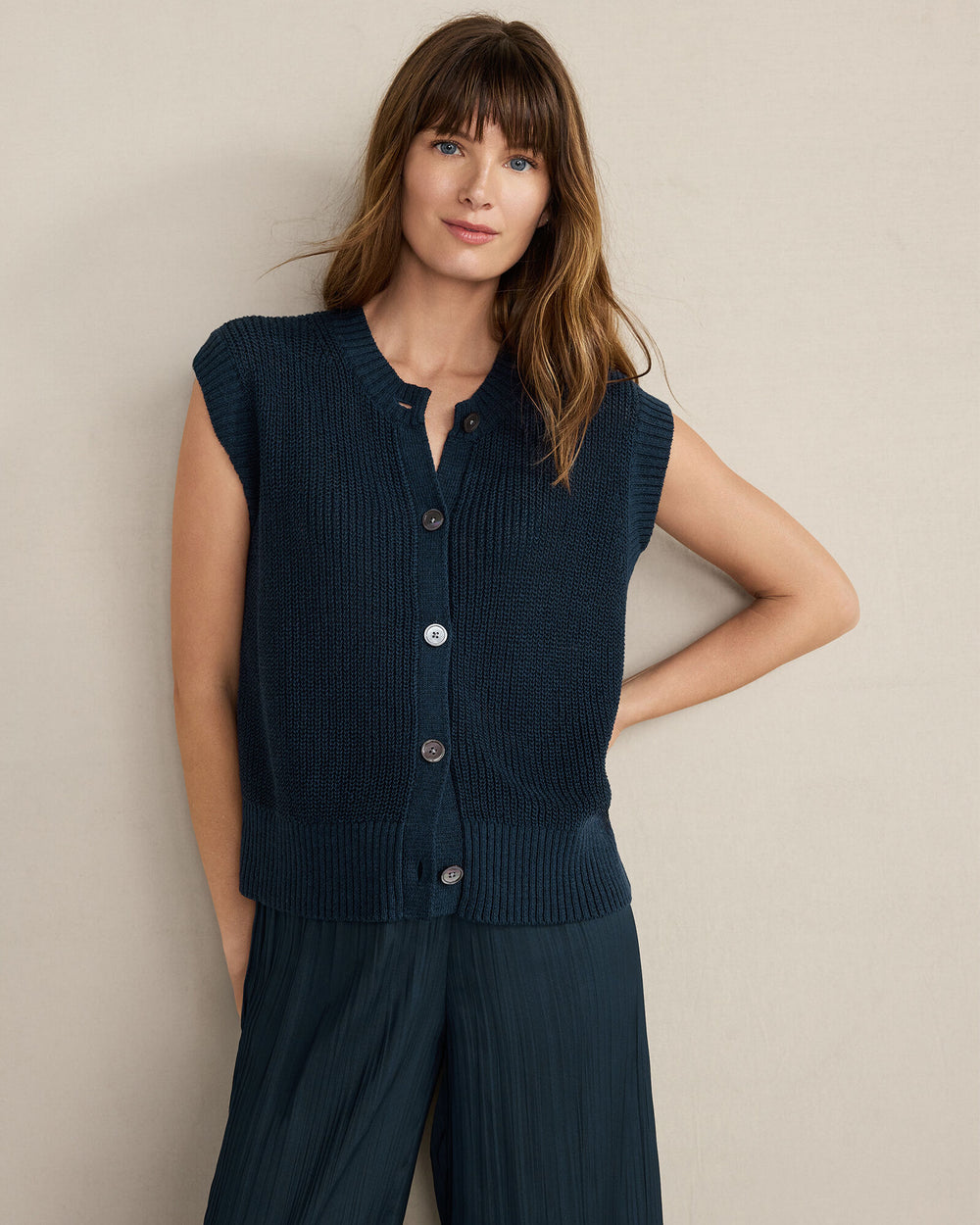 STEEL BLUE ORGANIC COTTON LINEN SWEATER VEST | Talbots for sale