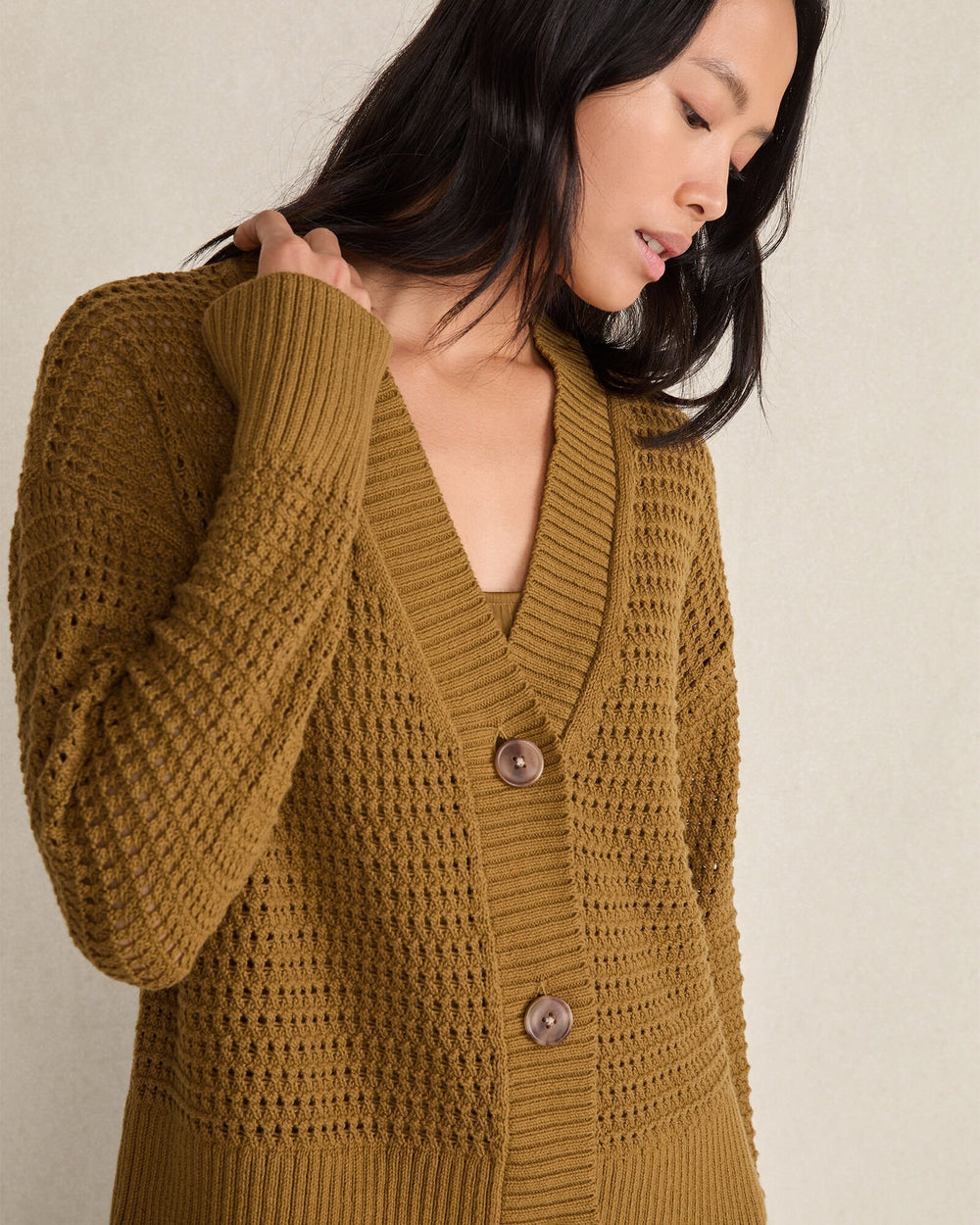 DRIED MOSS|FULL MOON ORGANIC COTTON OPEN STITCH CARDIGAN | Talbots sale