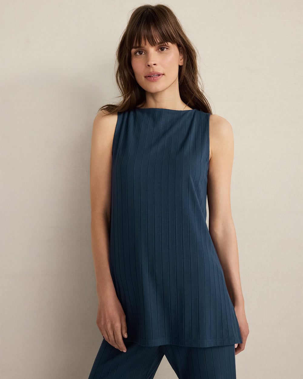 STEEL BLUE RIBBED BATEAU NECK SLEEVELESS TOP | Talbots outlet