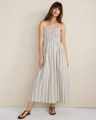 IVORY/TULE FOG STRIPE ORGANIC COTTON POPLIN SMOCKED MIDI DRESS | Talbots online