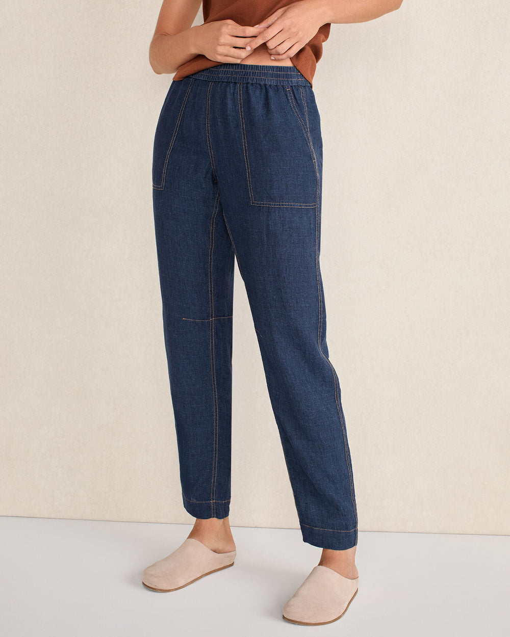 DELAVE NAVY LINEN BARREL LEG PANTS | Talbots outlet
