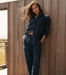 DELAVE NAVY LINEN BARREL LEG PANTS | Talbots sale