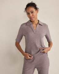 BLACKCURRANT HTHR|FOG HTHR WIDE RIB KNIT JOHNNY COLLAR TOP | Talbots sale