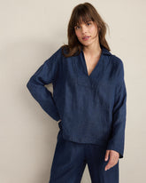 DELAVE NAVY LINEN COLLARED LONG SLEEVE TOP | Talbots outlet