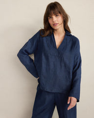 DELAVE NAVY LINEN COLLARED LONG SLEEVE TOP | Talbots outlet