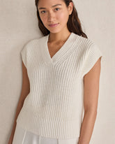 IVORY|STEEL BLUE|TULE FOG ORGANIC COTTON LINEN SHAKER STITCH V-NECK SWEATER | Talbots online