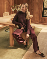 BURGUNDY BERRY|IVORY ORGANIC COTTON HORIZONTAL CABLE FUNNEL NECK SWEATER | Talbots online