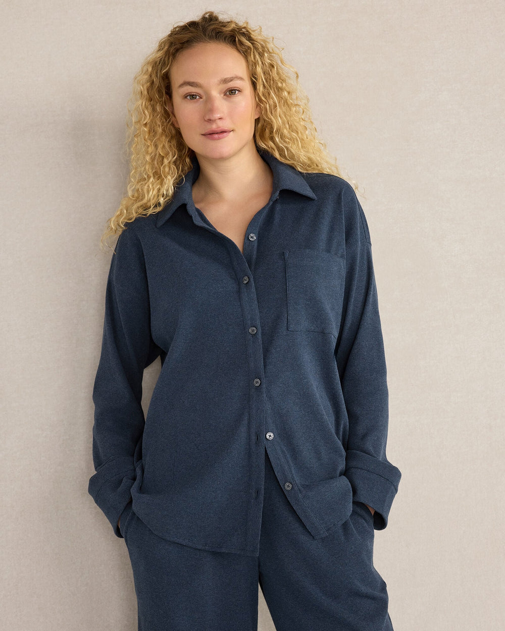 ENOKI HTHR|TWILIGHT HTHR ORGANIC COTTON RIB KNIT RELAXED BUTTON DOWN TOP | Talbots near me