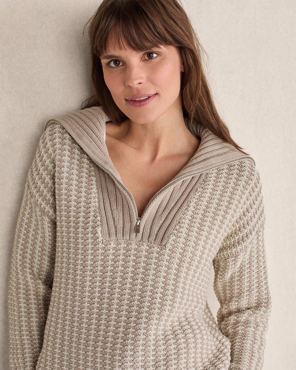 TULE FOG/FULL MOON COTTON BLEND CONTRAST STITCH HALF ZIP SWEATER | Talbots outlet