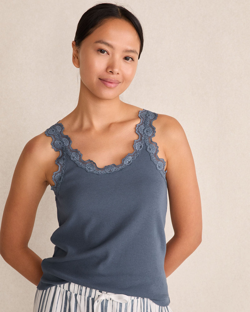 INDIGO|IVORY|OYSTER SHELL HTHR|WAVE ORGANIC COTTON RIB KNIT LACE TANK | Talbots on sale
