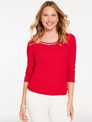 IVORY|RED POP EMBELLISHED RIBBED SCOOP NECK TEE | Talbots discount