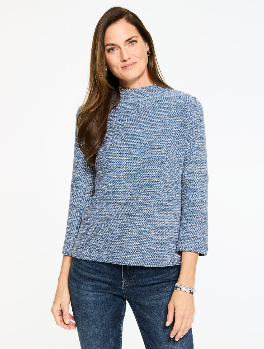 IVORY MULTI|SHORE BLUE MULTI MOCKNECK KNIT SWING TOP | Talbots on sale