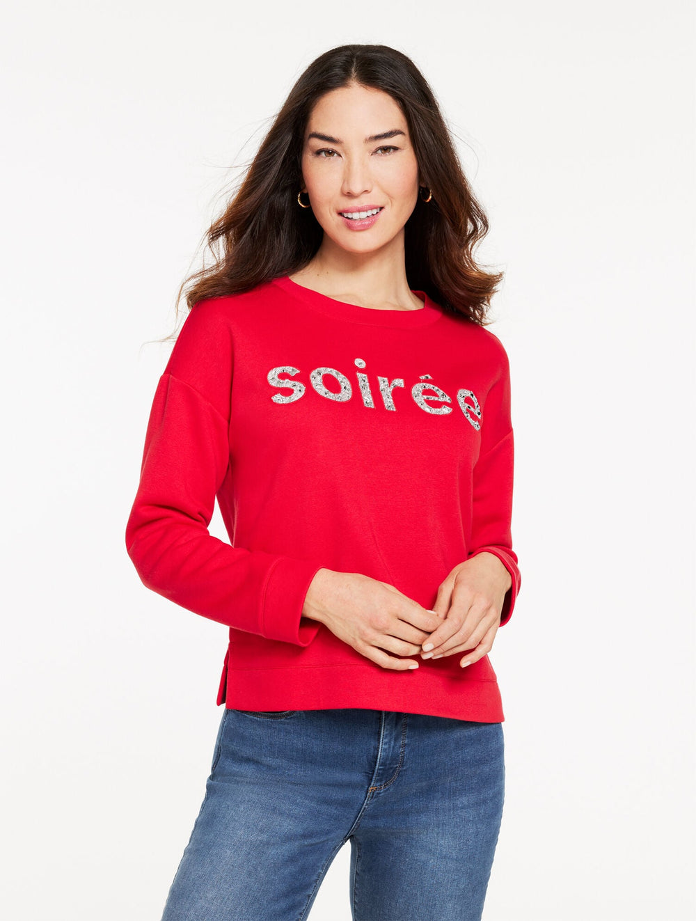 RED POP EMBELLISHED CREWNECK SWEATSHIRT - SOIRÉE | Talbots online