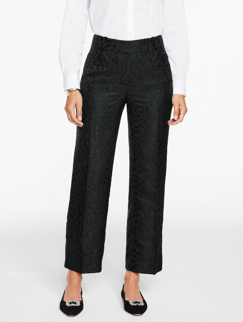 BLACK JACQUARD LEOPARD STRAIGHT ANKLE PANTS | Talbots for sale