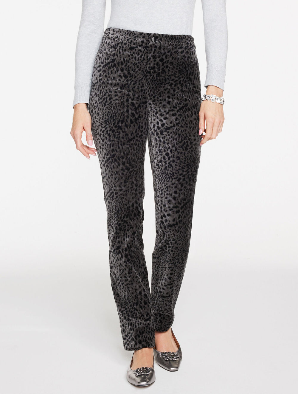 DARK GREY/BLACK STRAIGHT LEG VELVETEEN PANTS - SWIRLY LEOPARD | Talbots sale