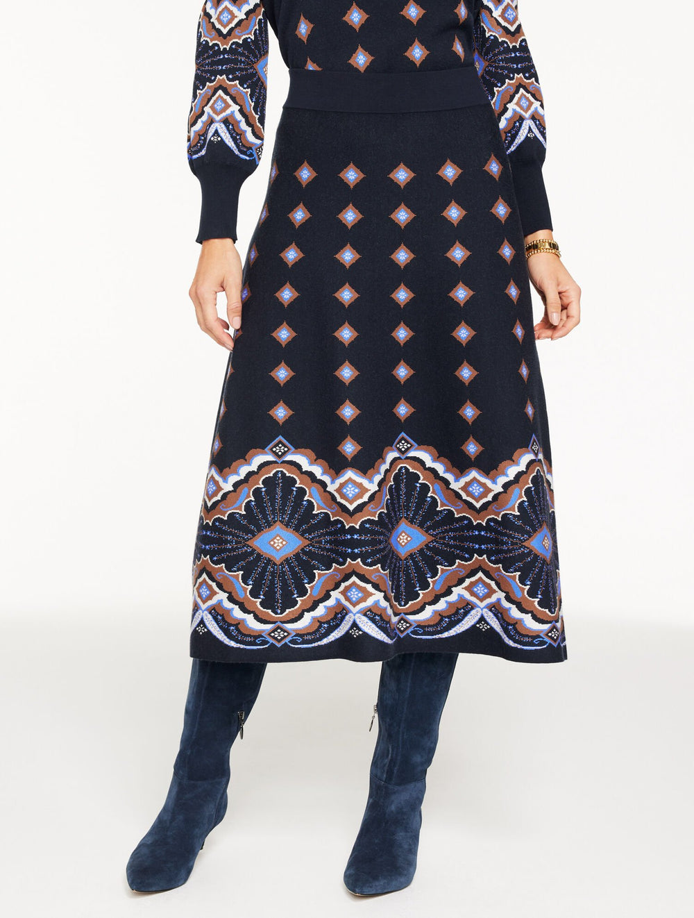 INDIGO MULTI JACQUARD FIT & FLARE SKIRT - SCALLOP MEDALLION | Talbots on sale