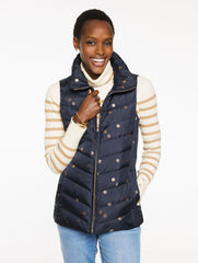 INDIGO/GOLD FOIL DOWN PUFFER VEST - SCATTERED SNOWFLAKES | Talbots online