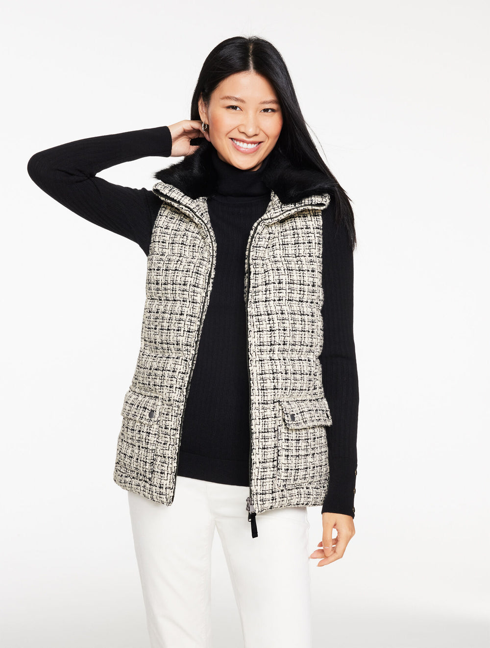 IVORY/BLACK TWEED KNIT PUFFER VEST | Talbots sale