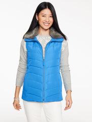 BLACK|IVORY|LAKESHORE BLUE|RED POP|STUNNING PINK|VIOLA PURPLE FAUX FUR COLLAR DOWN PUFFER VEST | Talbots sale