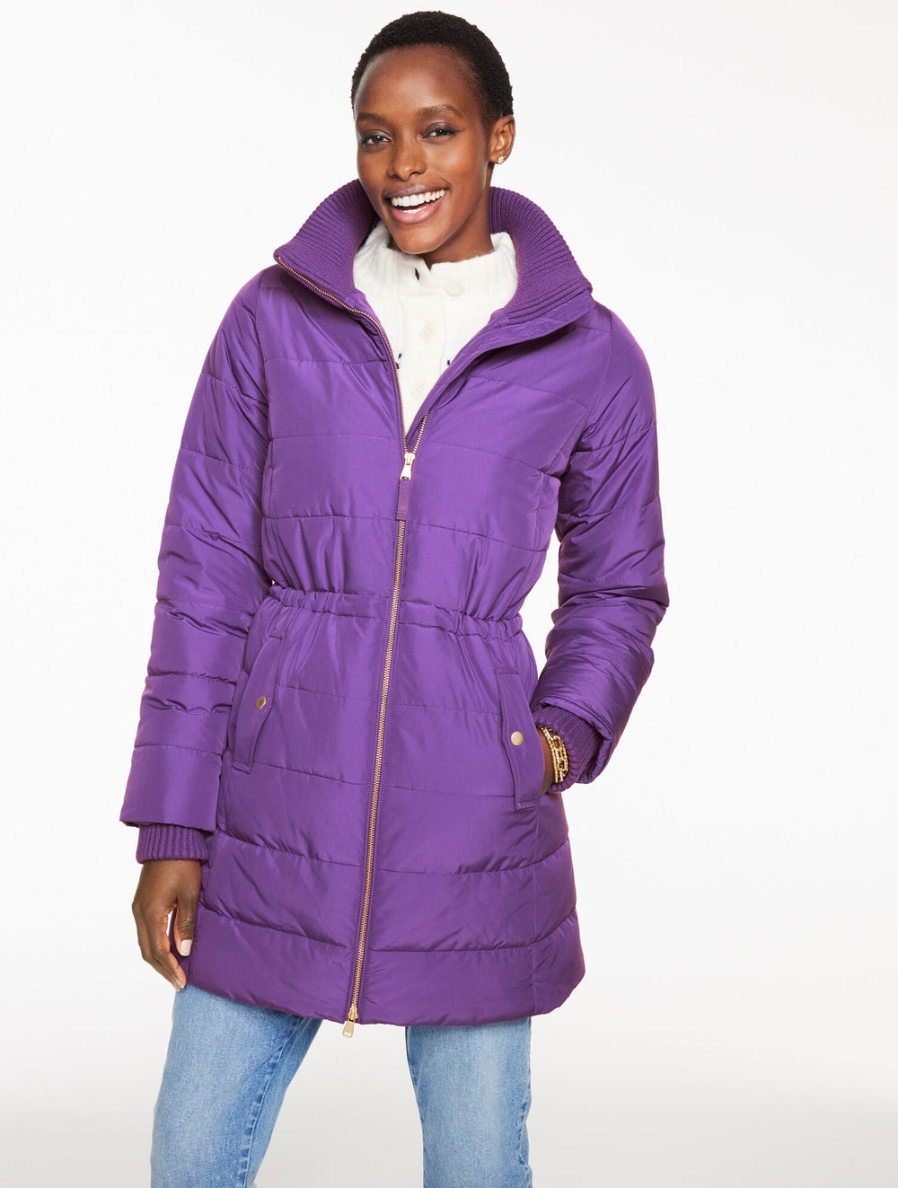 VIOLA PURPLE CABLE KNIT QUILTED JACKET | Talbots near me
