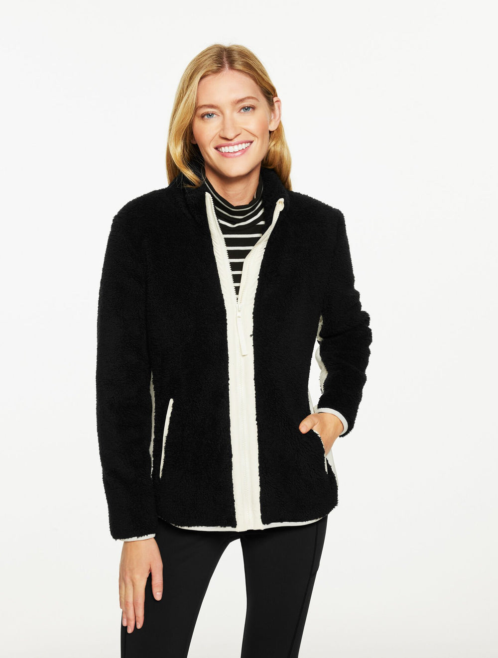 BLACK|IVORY COZY SHERPA JACKET - COLORBLOCK | Talbots discount