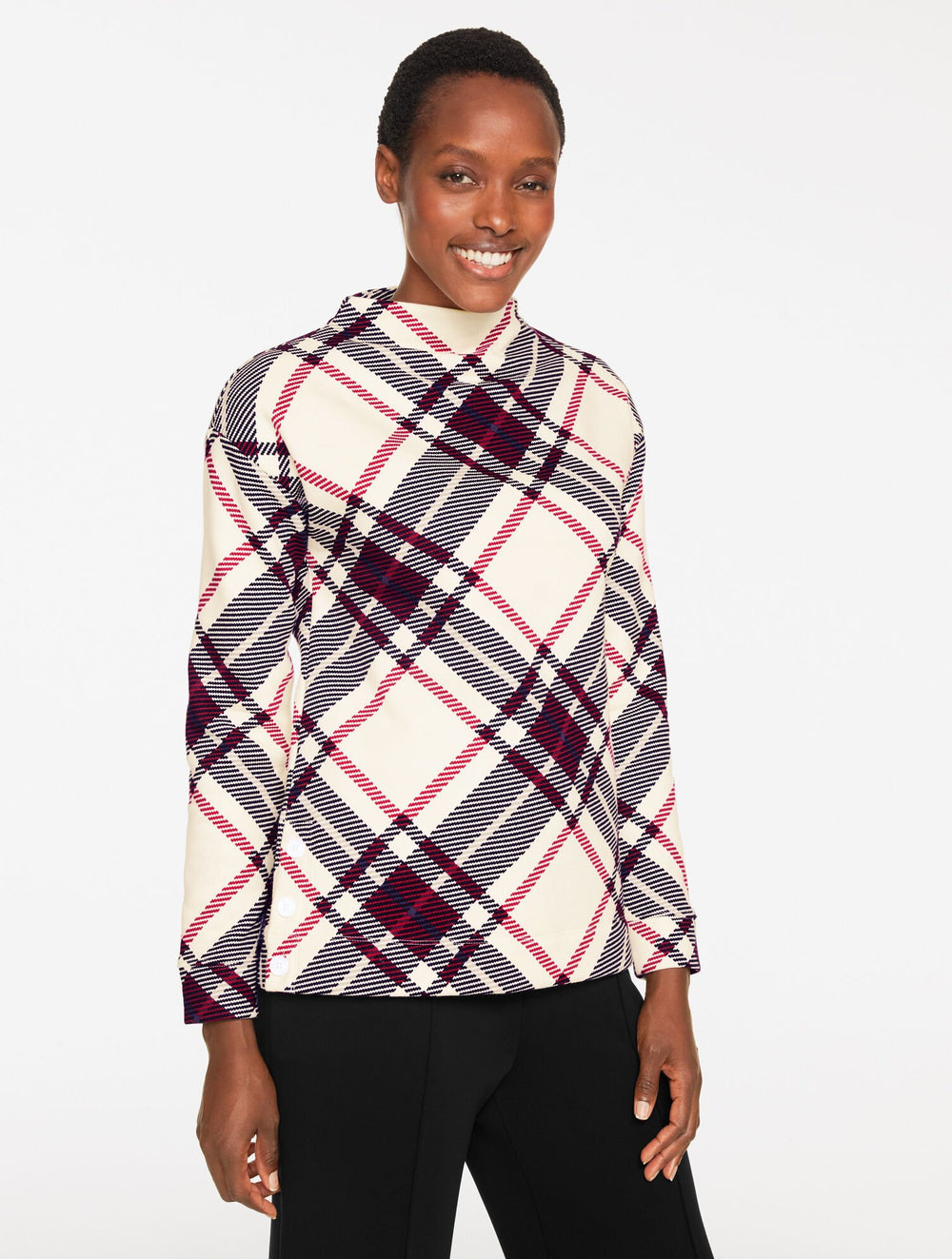 IVORY MULTI CLASSIC FRENCH TERRY MOCKNECK PULLOVER - CHILLY PLAID | Talbots discount