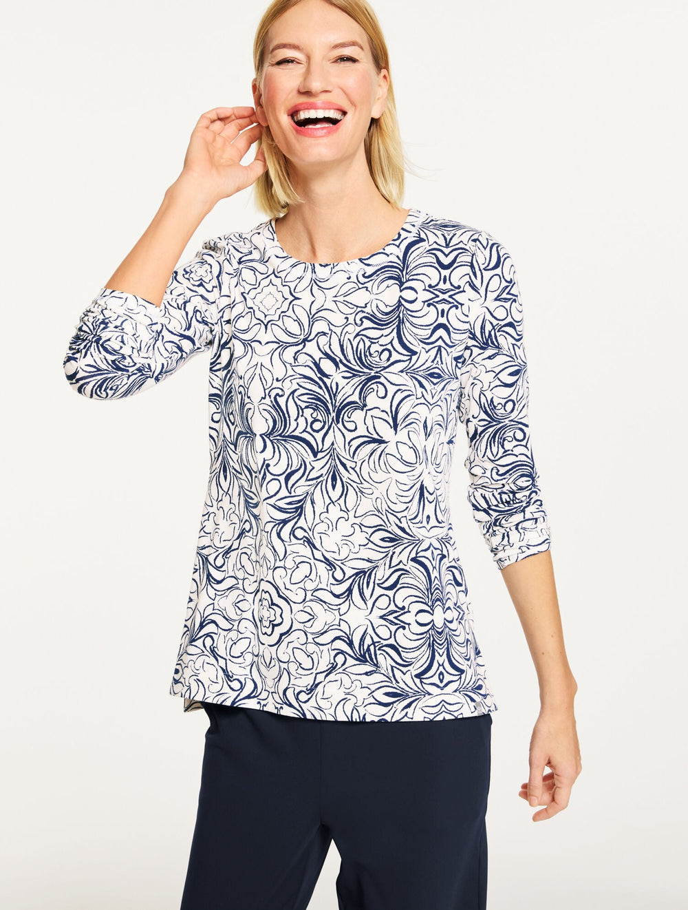 IVORY/INDIA INK SUPERSOFT JERSEY CREWNECK TEE - SKETCHED MEDALLION | Talbots for sale