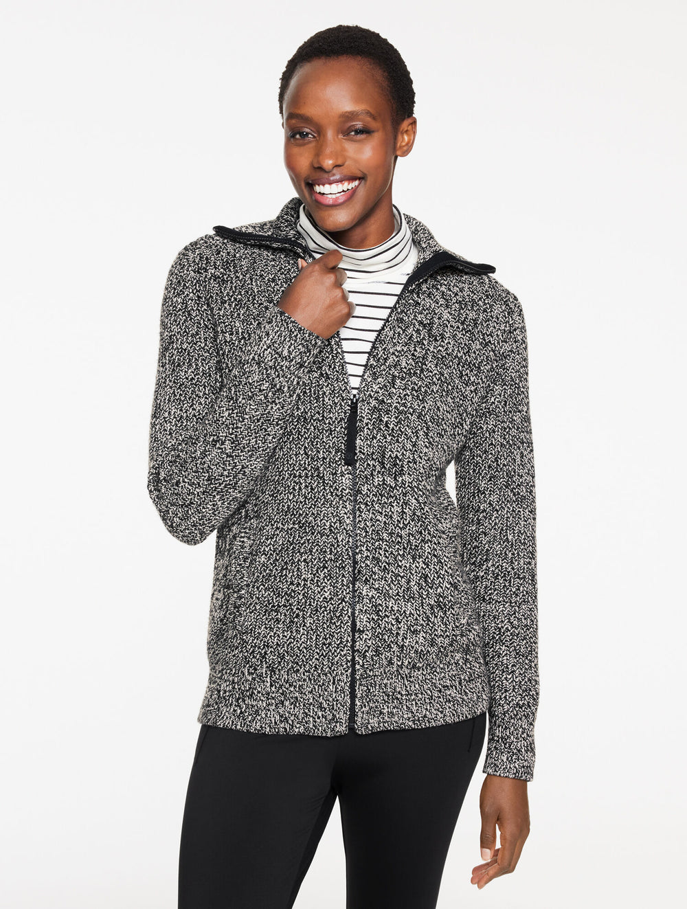 BLACK/IVORY SOFT CABLE SWEATER JACKET - MARLED | Talbots online