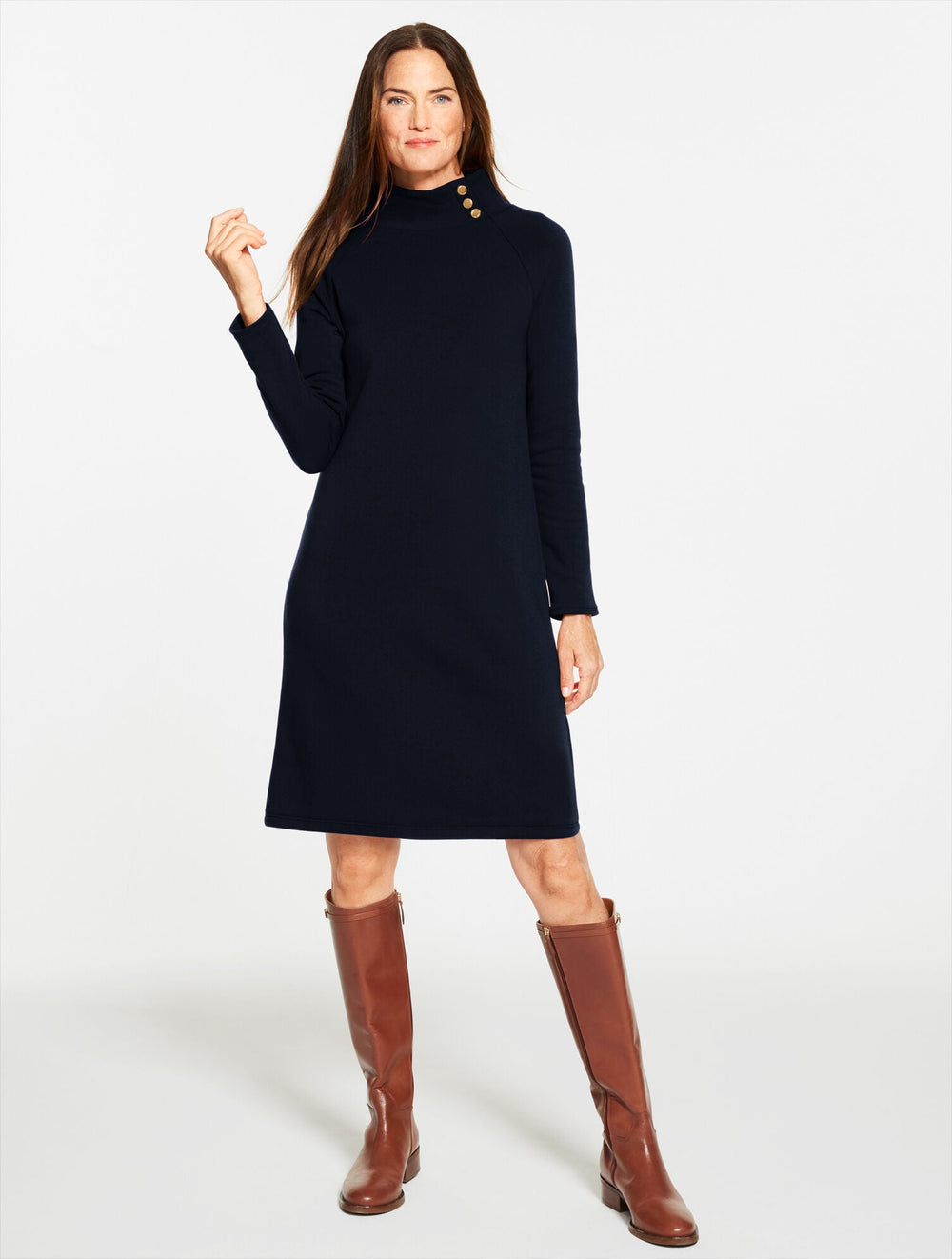 INDIGO BLUE|RED POP FLEECE SIDE BUTTON TURTLENECK DRESS | Talbots discount