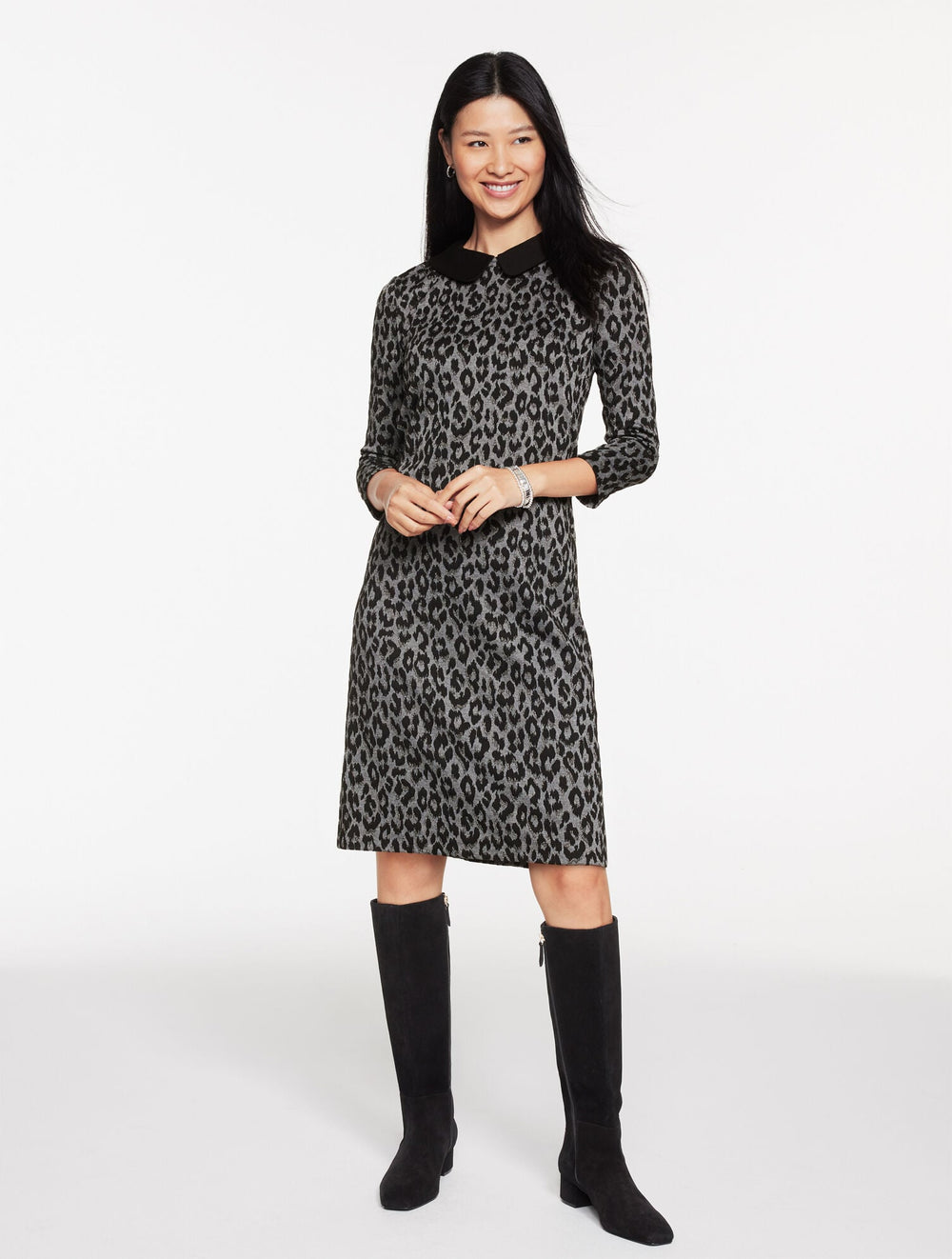 GREY/BLACK JACQUARD SHIFT DRESS - SNOW LEOPARD | Talbots sale