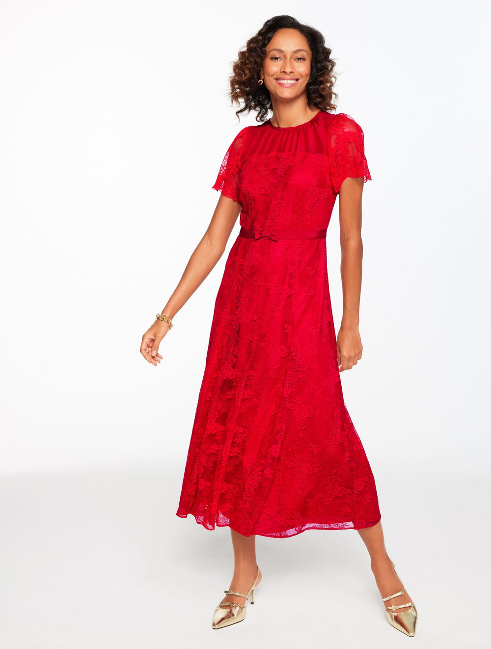 RED POP CHANTILLY LACE FIT & FLARE MIDI DRESS | Talbots online