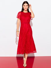 RED POP CHANTILLY LACE FIT & FLARE MIDI DRESS | Talbots online