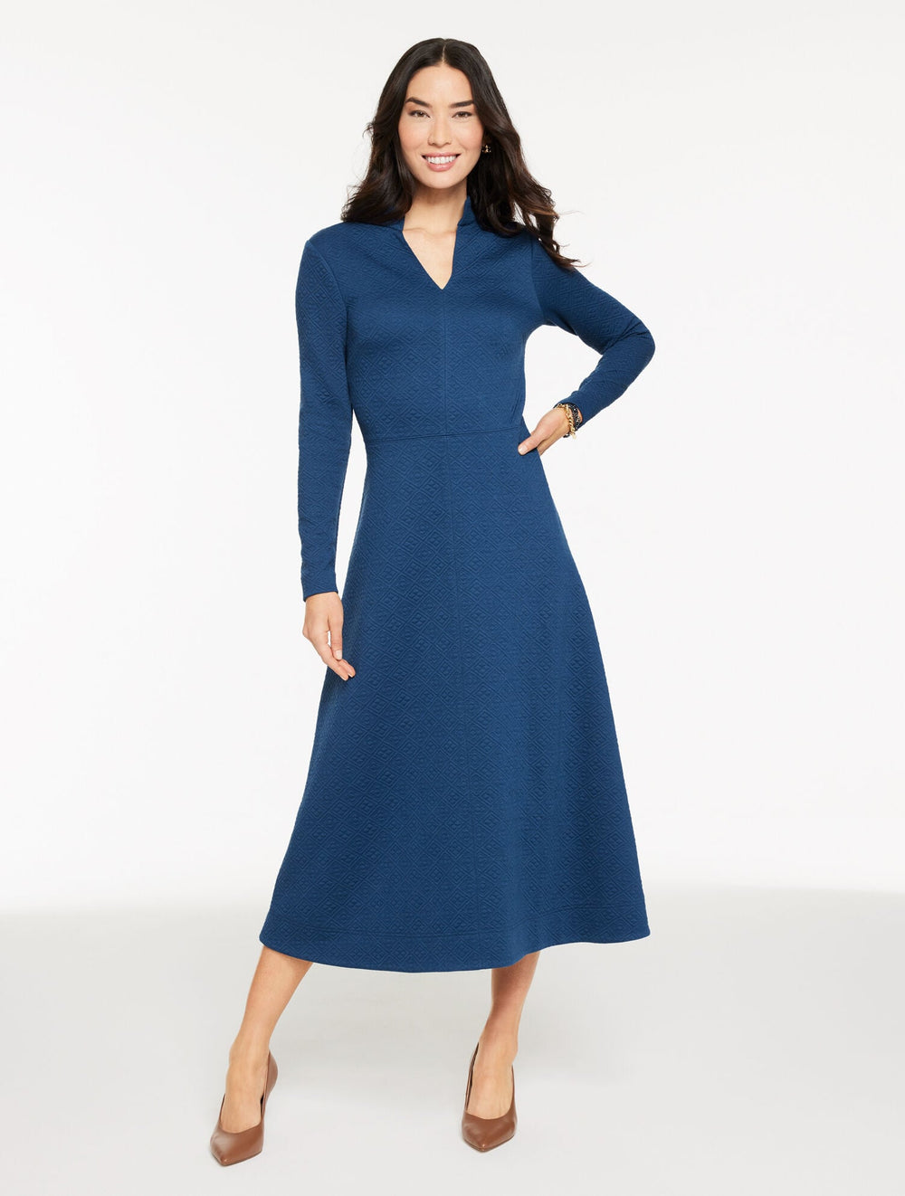 DARK NAVY DUSK DIAMOND JACQUARD FIT & FLARE DRESS | Talbots discount