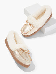 GOLD CLEO METALLIC PEBBLE LEATHER FAUX FUR MOCCASINS | Talbots for sale