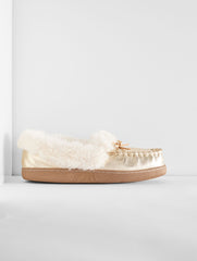 GOLD CLEO METALLIC PEBBLE LEATHER FAUX FUR MOCCASINS | Talbots discount