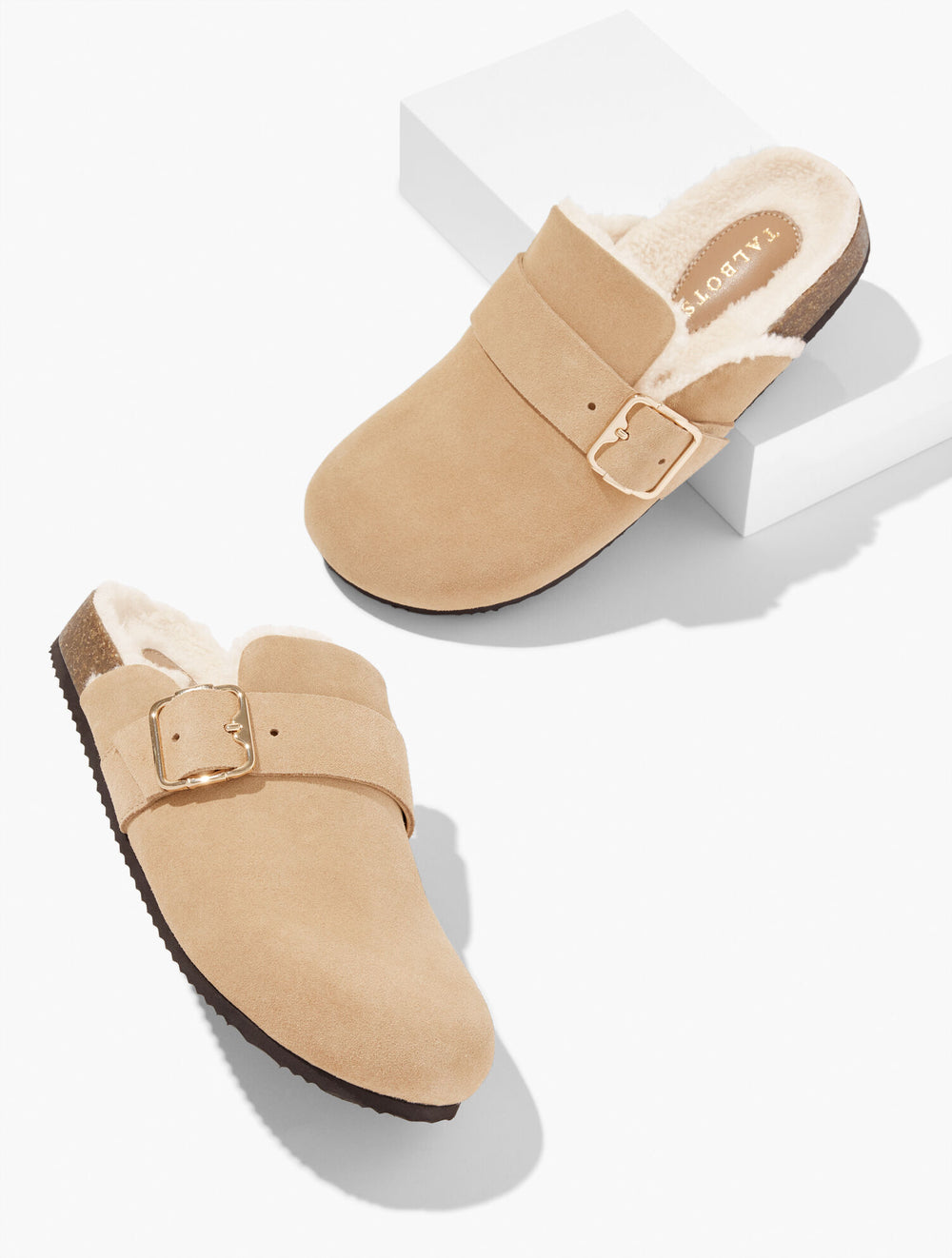 BLACK|LIGHT TOFFEE COLBIE SUEDE MULES | Talbots near me