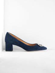 BLACK|INDIGO KAYLA EMBELLISHED SUEDE BLOCK HEEL PUMPS | Talbots for sale