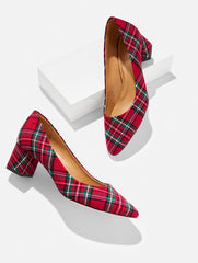 RED POP MULTI KAYLA BLOCK HEEL PUMPS - CIDER PLAID | Talbots on sale