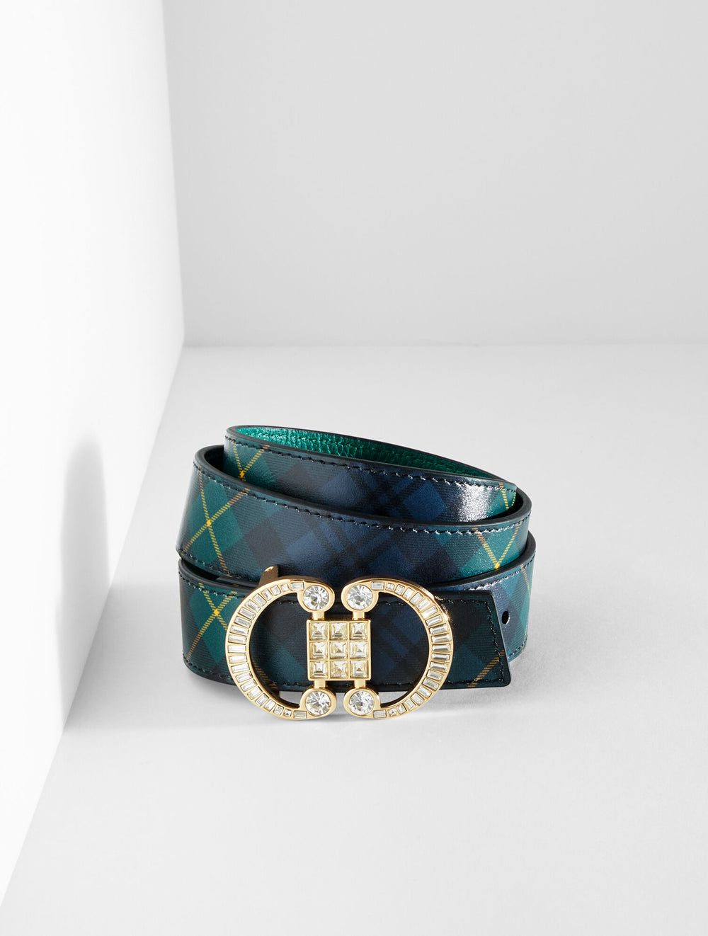 LUSH GREEN MULTI CRYSTAL EMBELLISHED REVERSIBLE PEBBLE LEATHER BELT | Talbots for sale
