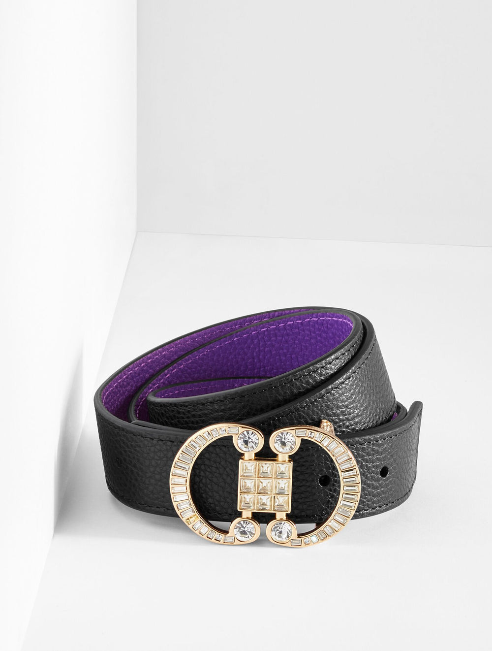 BLACK/BRILLIANT PURPLE REVERSIBLE CRYSTAL PEBBLE LEATHER BELT | Talbots near me