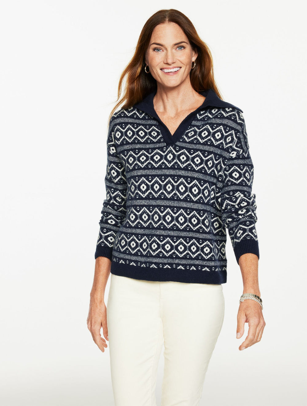 INDIGO/IVORY JOHNNY COLLAR PULLOVER - BICOLOR FAIR ISLE | Talbots discount