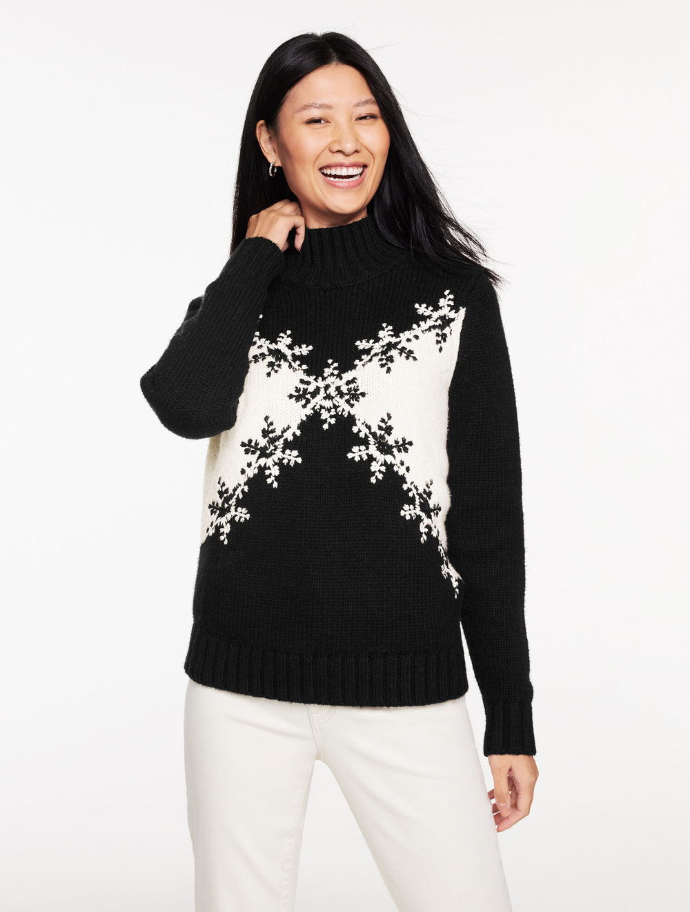 BLACK/IVORY EMBROIDERED MOCKNECK SWEATER - SNOWFLAKE | Talbots for sale