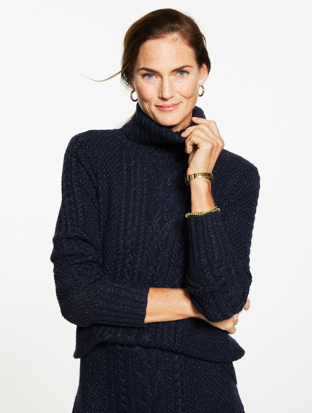 INDIGO BLUE METALLIC CABLE KNIT TURTLENECK SWEATER | Talbots sale