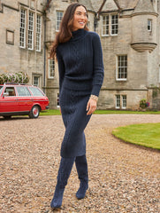 INDIGO BLUE METALLIC CABLE KNIT TURTLENECK SWEATER | Talbots sale