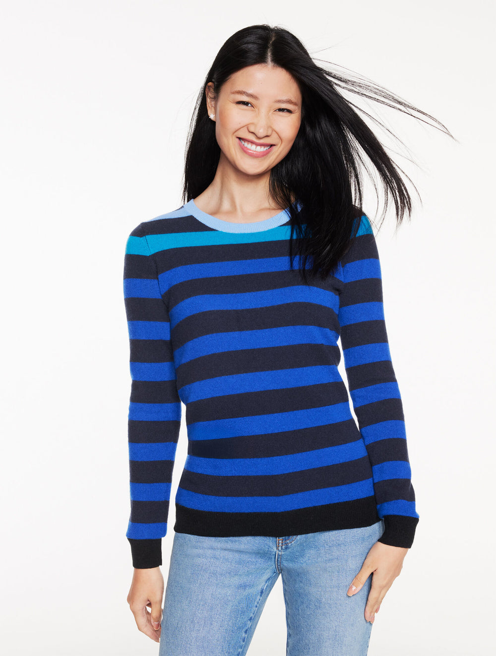 INDIGO MULTI CASHMERE CREWNECK SWEATER - STRIPE | Talbots on sale